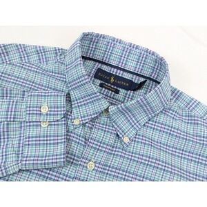 Polo Ralph Lauren Shirt Performance Mens Large Green Purple Gingham Stretch Pony